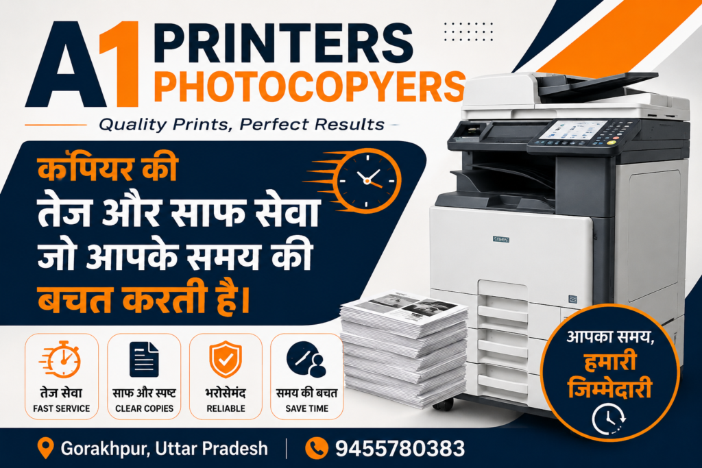 A1 Printers & Photocopiers – गोरखपुर में तेज और साफ फोटोकॉपी, प्रिंटिंग और डॉक्यूमेंट प्रिंट सेवाएँ।